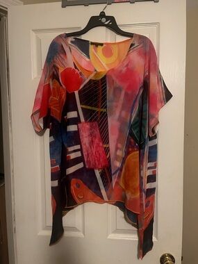 Radzoli Multicolor Abstract Silk Tunic - Pink, Orange & Blue Accents